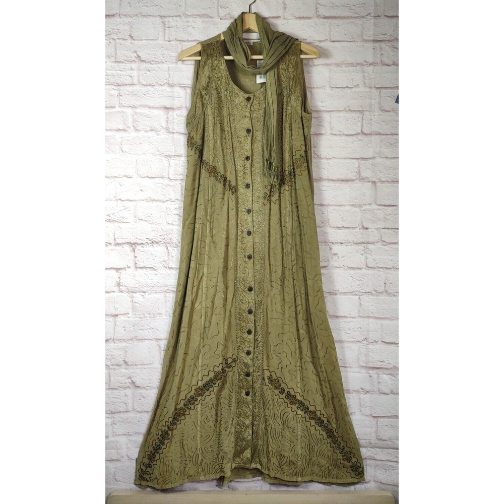 Kaaku Free Size Womens Embroidered Maxi Dress w/ Scarf Sleeveless Boho *Flaw